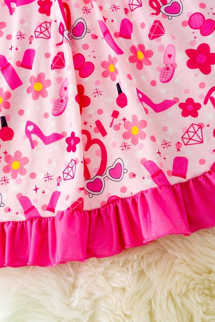 Pink Colorful Dress W/Pink Ruffle Trim