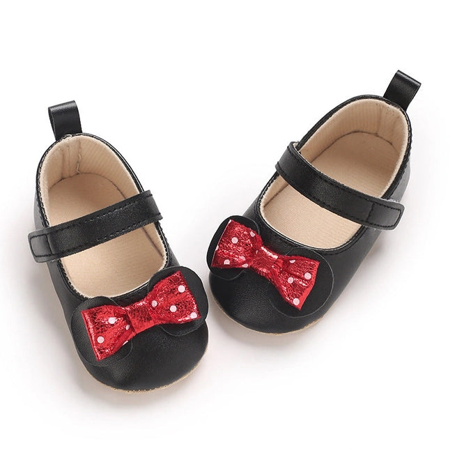 Black Dressy Baby Shoes W/Red Front Bow