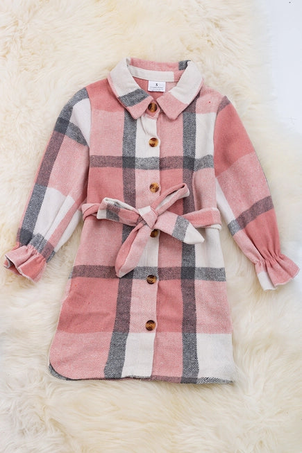 Women Pink Plaid Cardigan/Dress with Belt