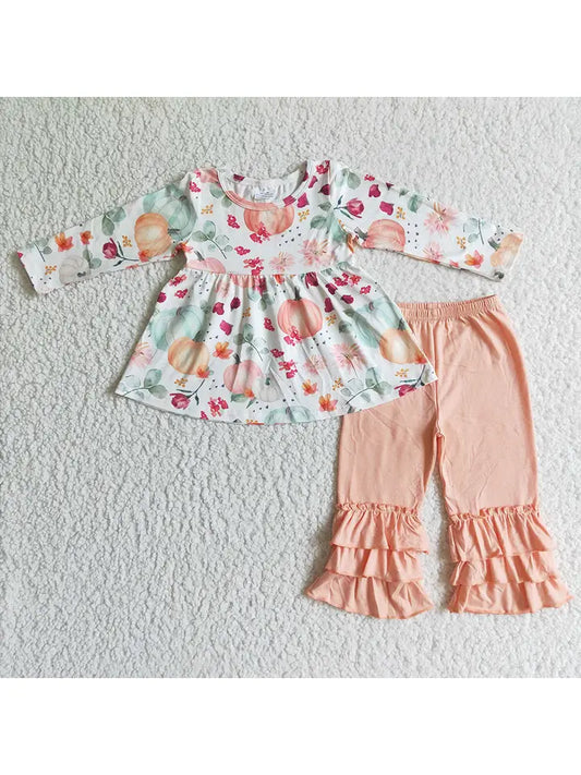 Baby Girls Orange Pumpkin Tunic Ruffle Pants Clothes Sets