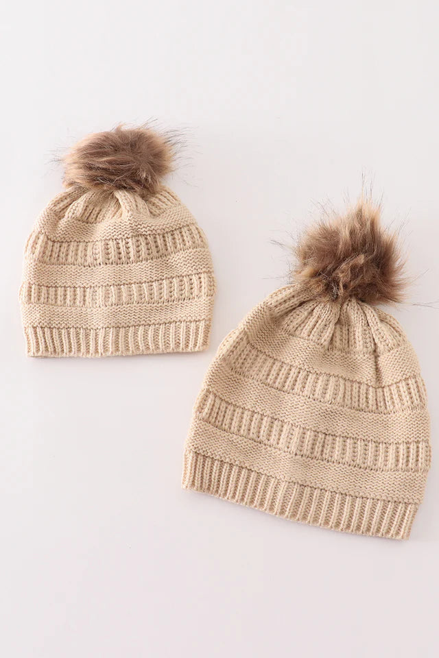 Beige Pompom Cable Beanie Kids and Adults