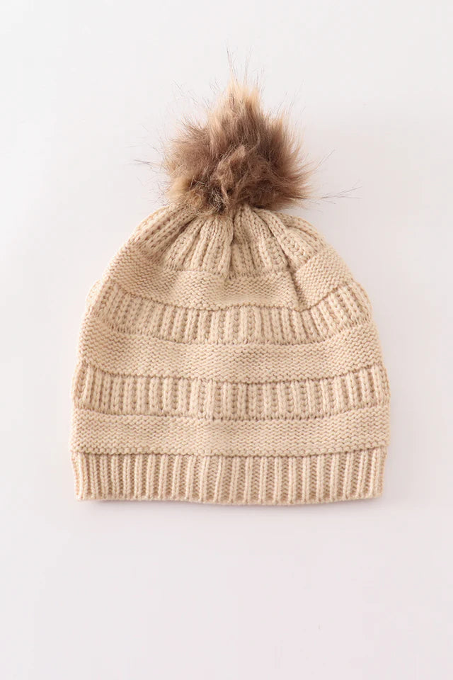 Beige Pompom Cable Beanie Kids and Adults