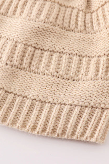 Beige Pompom Cable Beanie Kids and Adults