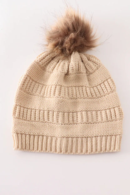 Beige Pompom Cable Beanie Kids and Adults