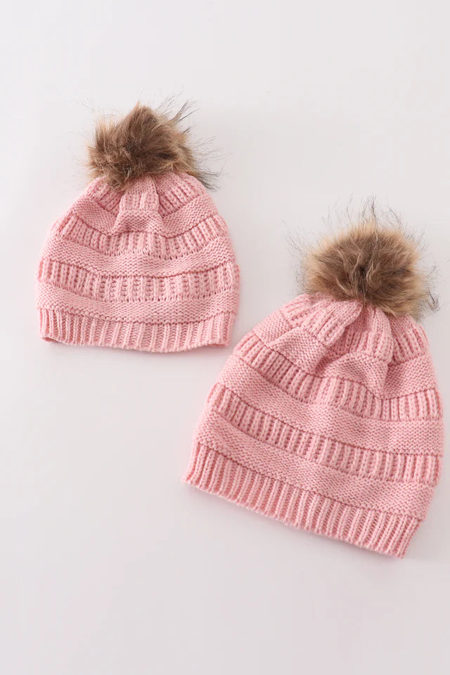 Pink Pompom Cable Beanie Kids and Adults