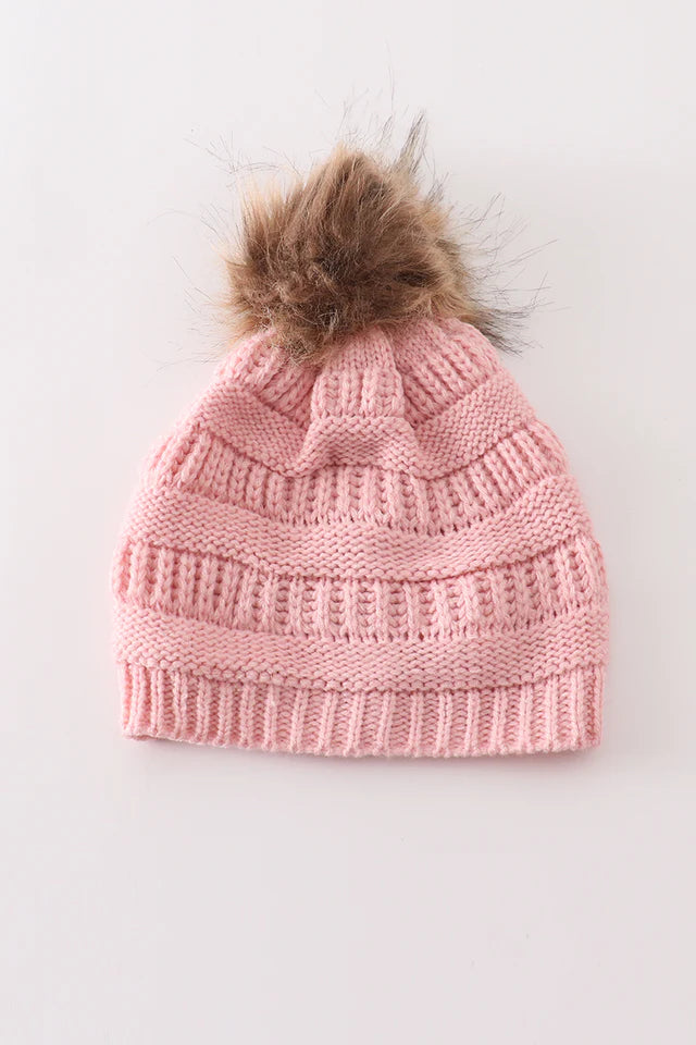 Pink Pompom Cable Beanie Kids and Adults