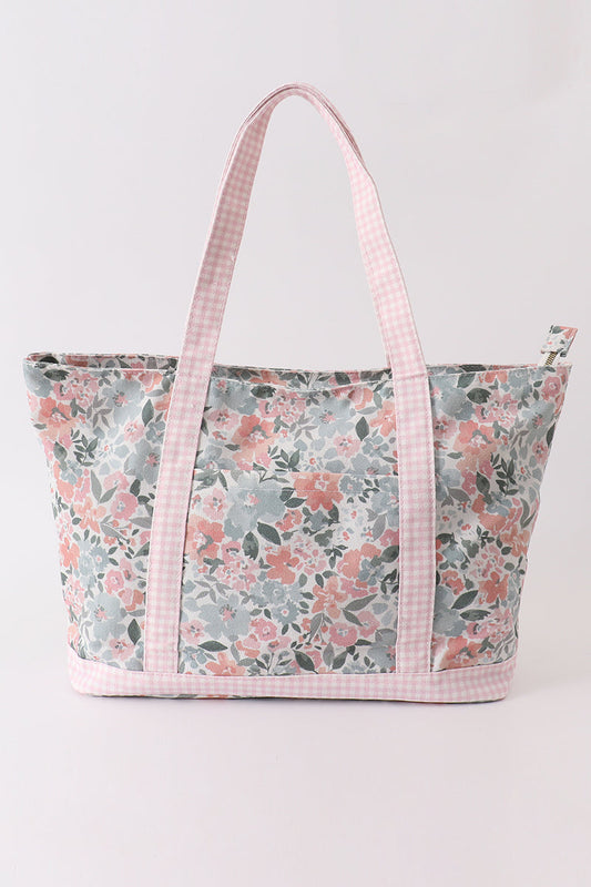 Pink Floral and Plaid Tote Bag