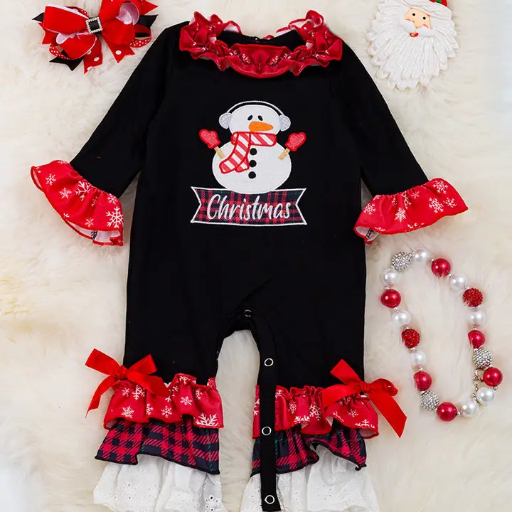 Christmas Embroidered Snowman Ruffle Girls Romper