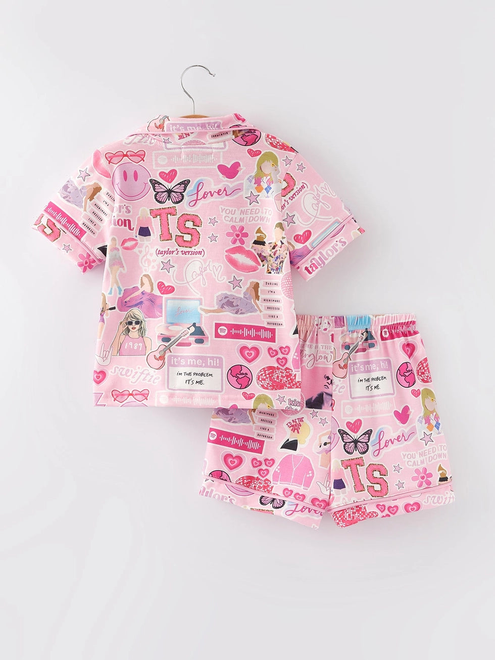 Pink T.S. Lapel Button Short Sleeve Shorts Pajama Set