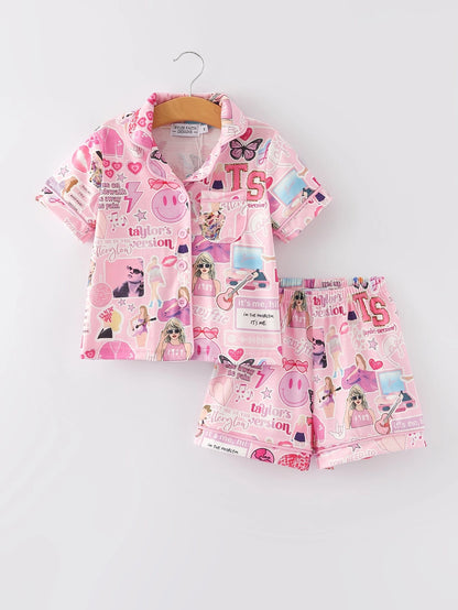 Pink T.S. Lapel Button Short Sleeve Shorts Pajama Set