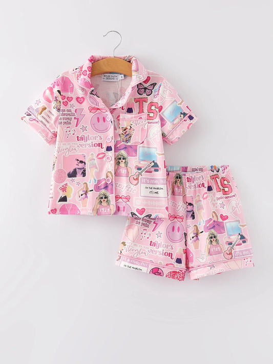 Pink T.S. Lapel Button Short Sleeve Shorts Pajama Set